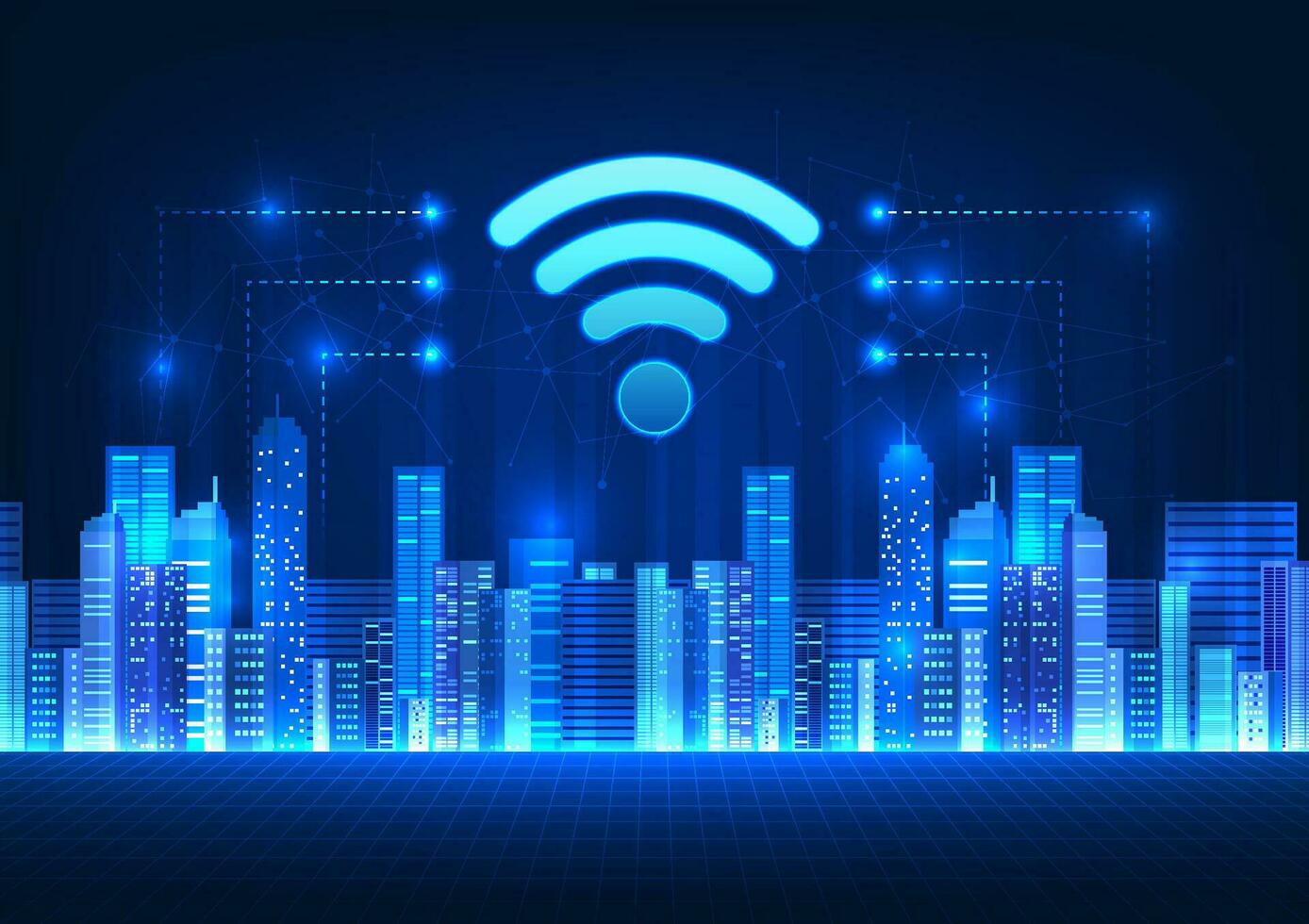 Ilustração de cidade conectada por Wi-Fi representando Nova Santa Rita